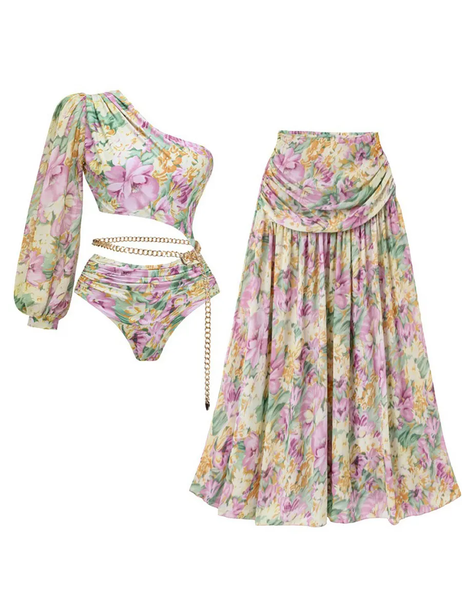 Celeste One-Shoulder Floral Print Swimsuit Set