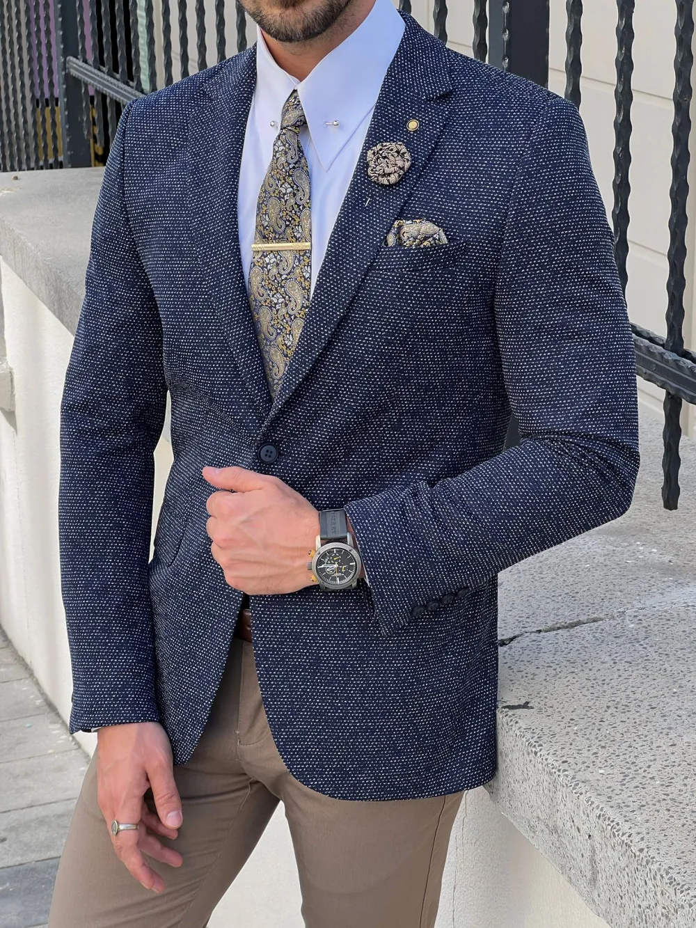 Slim Fit High Quality Mono Collar Knitted Indigo Blazer