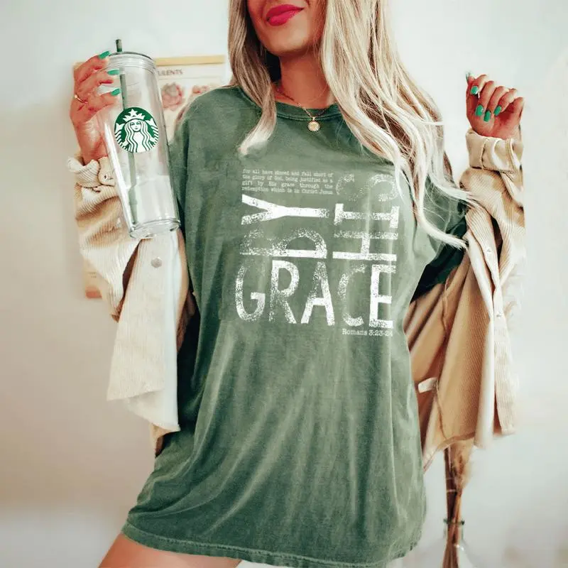 By His Grace Saved By His Amazing Grace Christian Women's Oversized Comfort T-Shirt