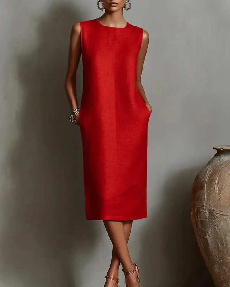 Linen Blend Sleeveless Crew Neck Midi Dress