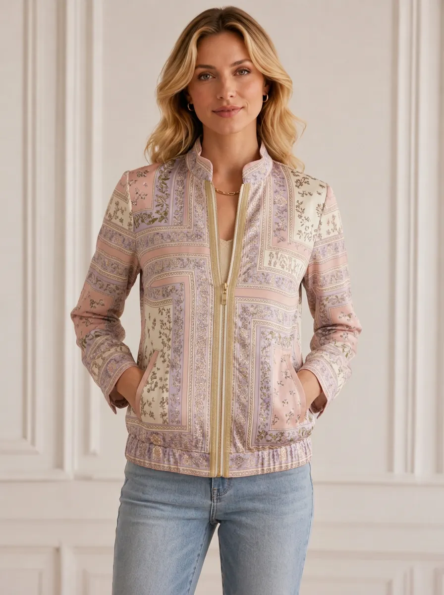 Women's Floral Patchwork Stand Collar Bomber Jacket