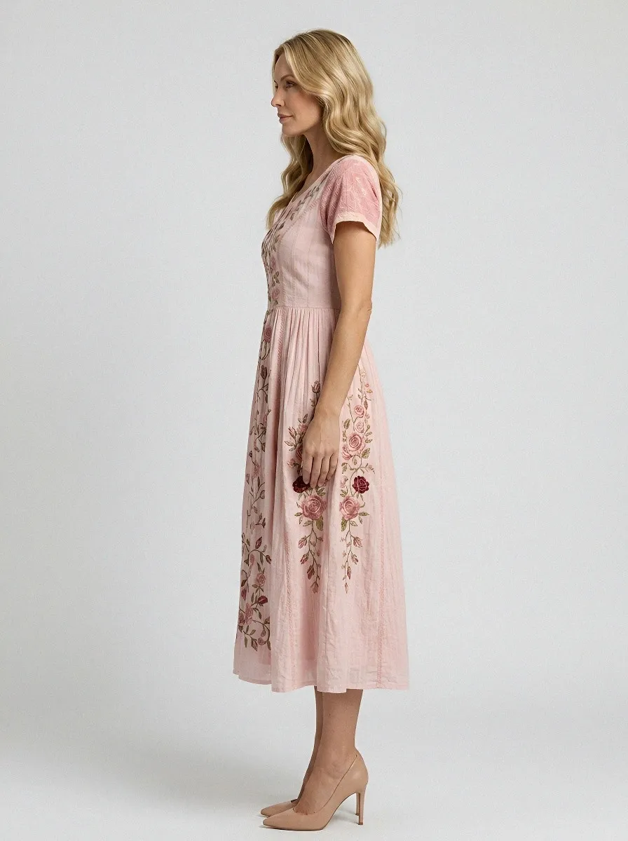 Women's Breast Cancer Awareness Rose Floral Embroidered Printed Dress