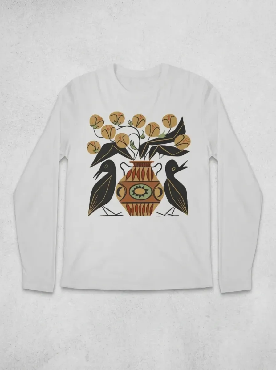 Signature Unisex Folk Art Bird And Floral Vase Long Sleeve Shirt