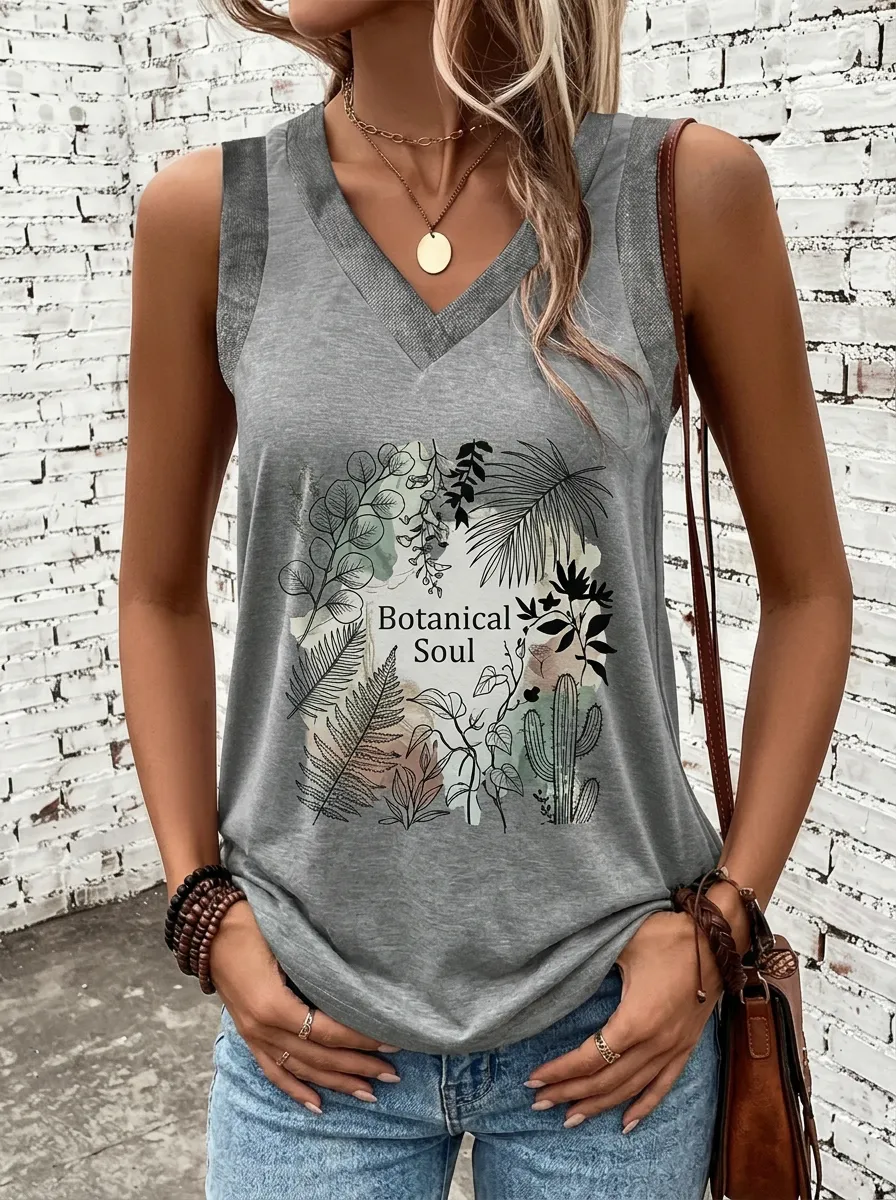 Women's Botanical Soul Plant Leaf Printed V-Neck Tank Top