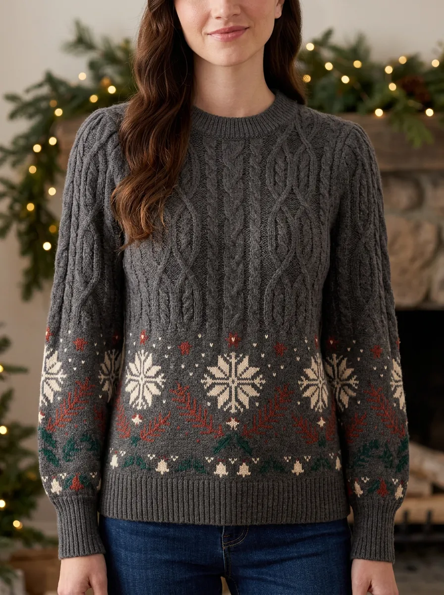 Christmas Holiday Snowflake Pattern Print Cable Knit Sweater
