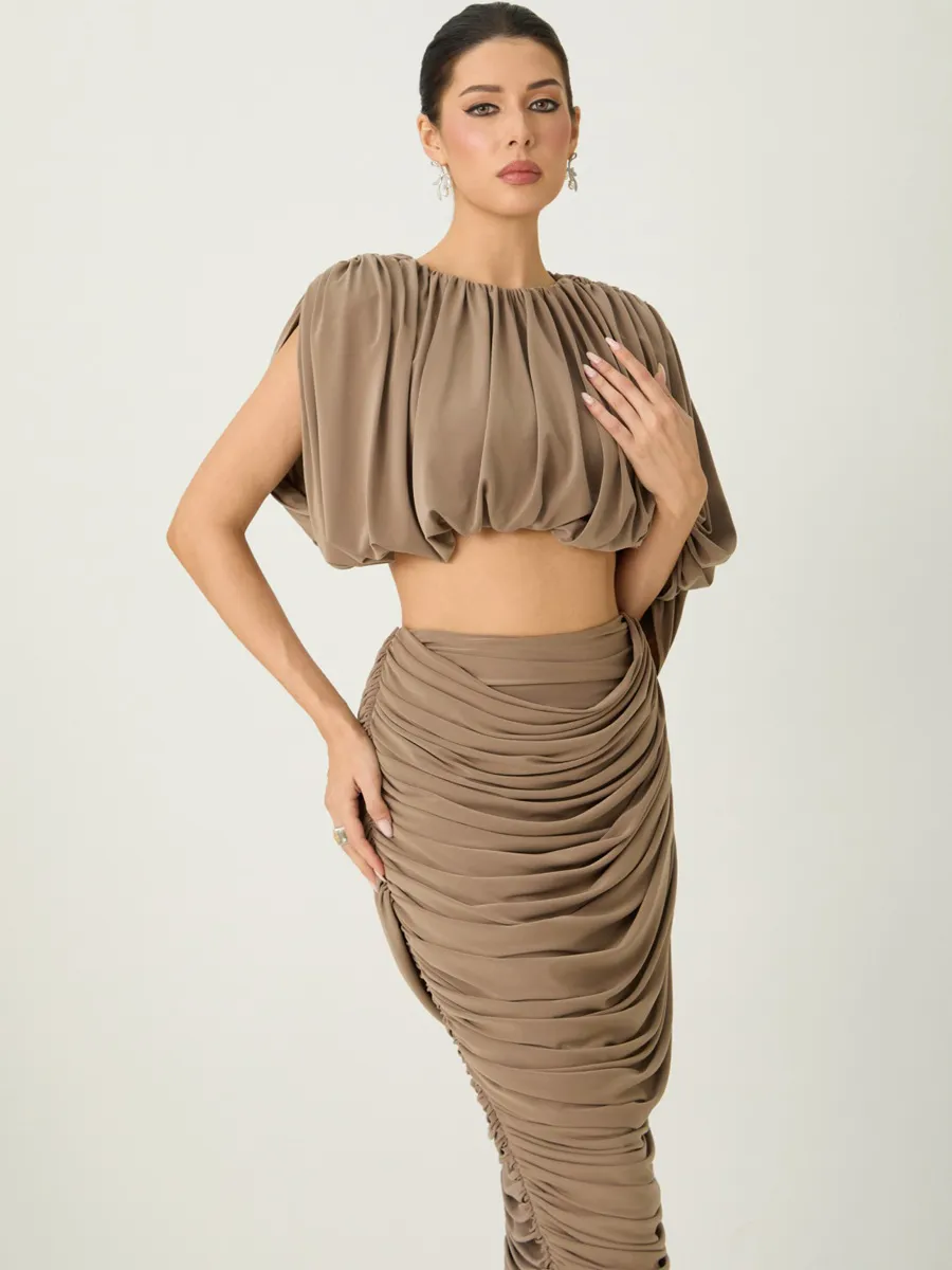 Lena Cropped Draped Top & Ruched Skirt Set