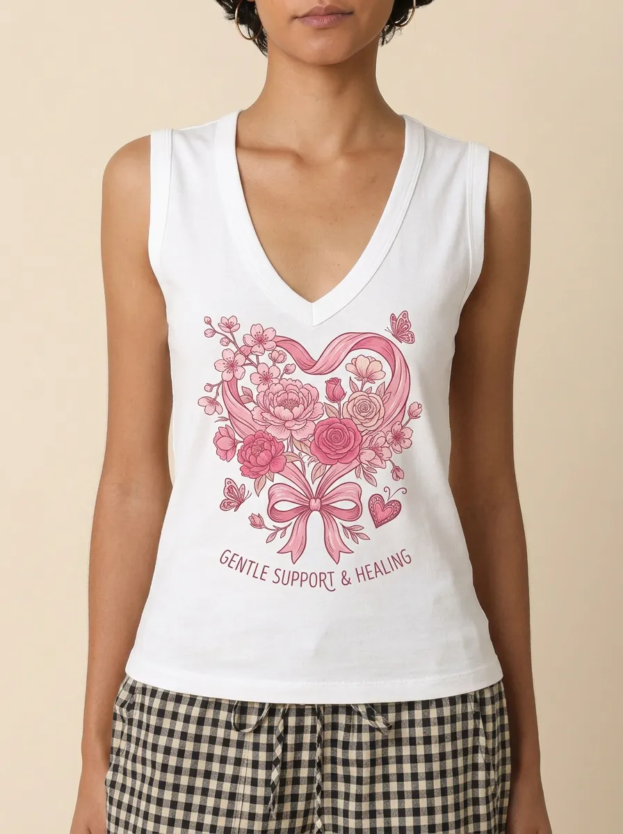 Women's Breast Cancer Awareness Floral Heart Ribbon Printed Tank Top