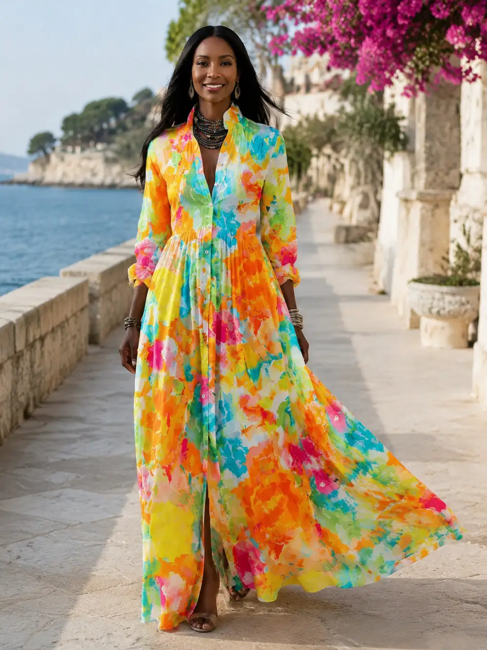 🌿Women's Long Sleeve Printed Maxi Shirt Dress👗