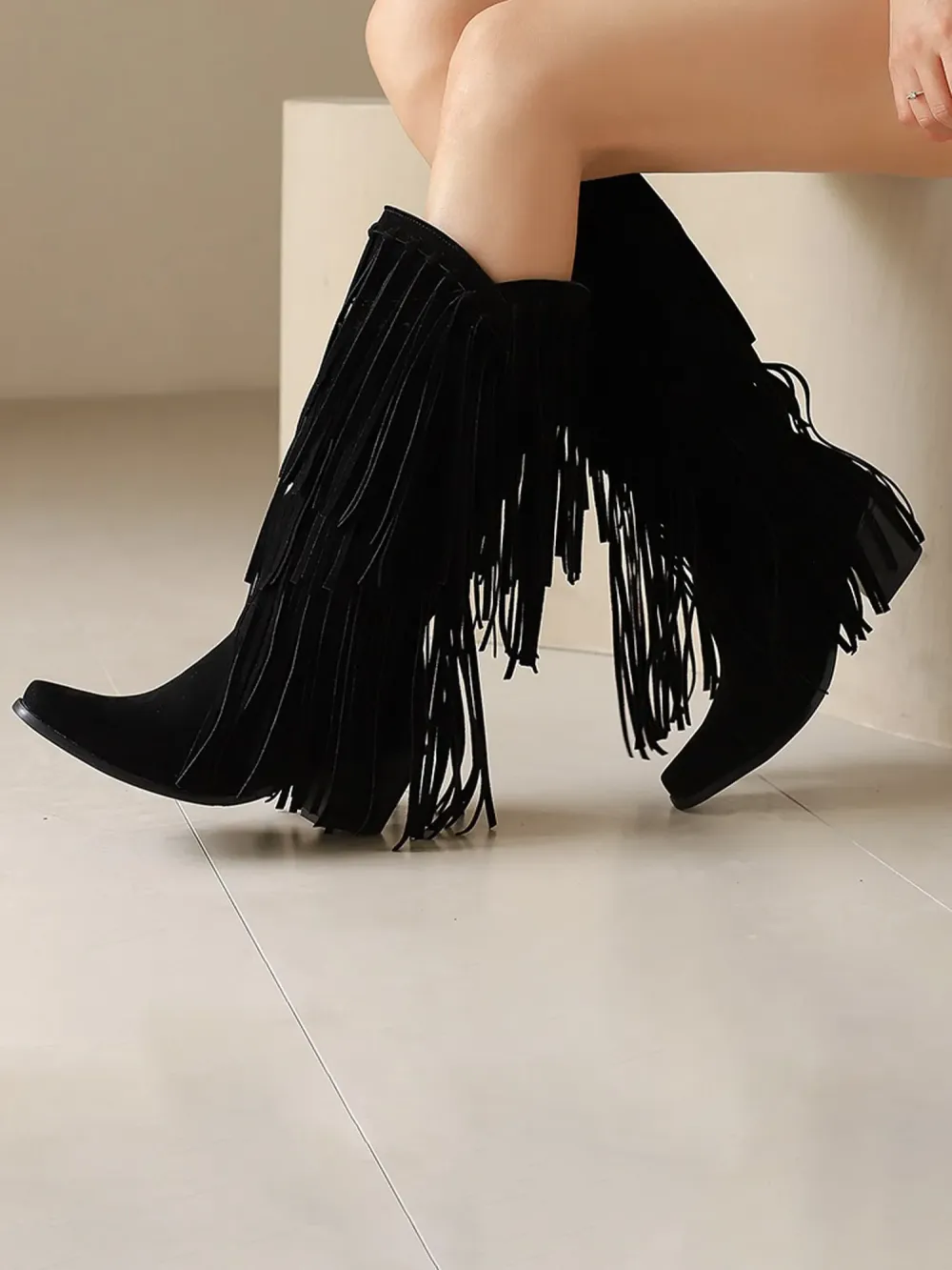 Zaria Ruched Fringed Suede Boots