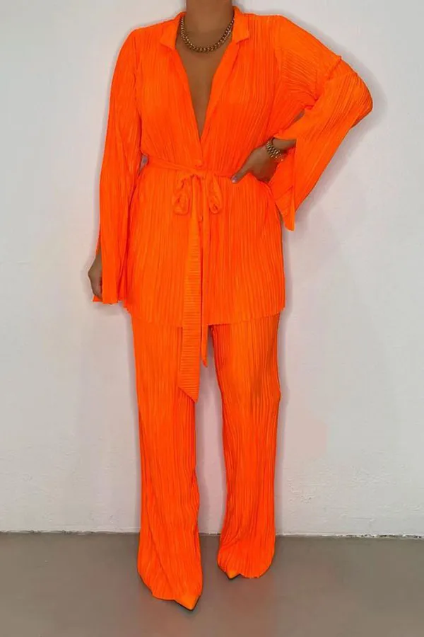 Modern Belted Pleated Pant Suit