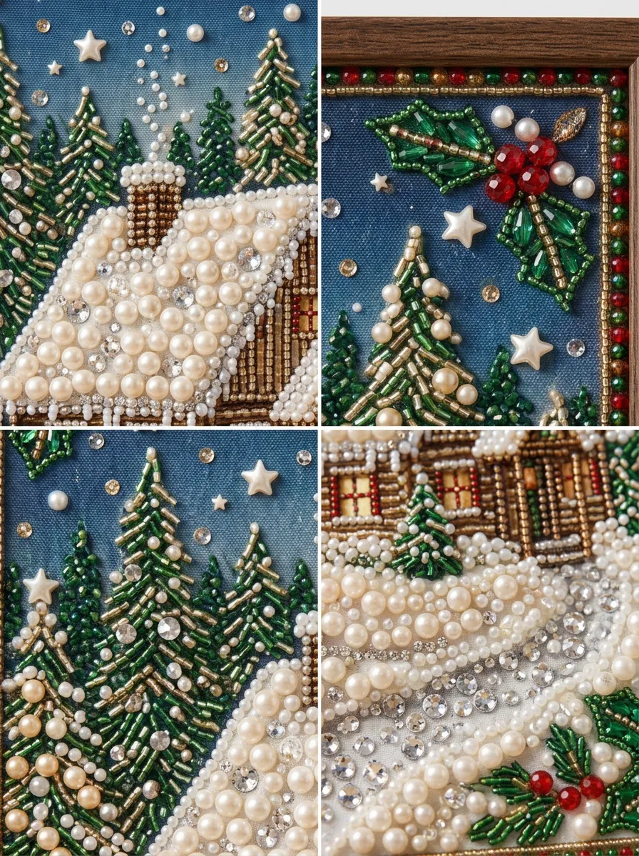 Christmas Winter Cabin Snowy Forest Pearl Bead Art Painting