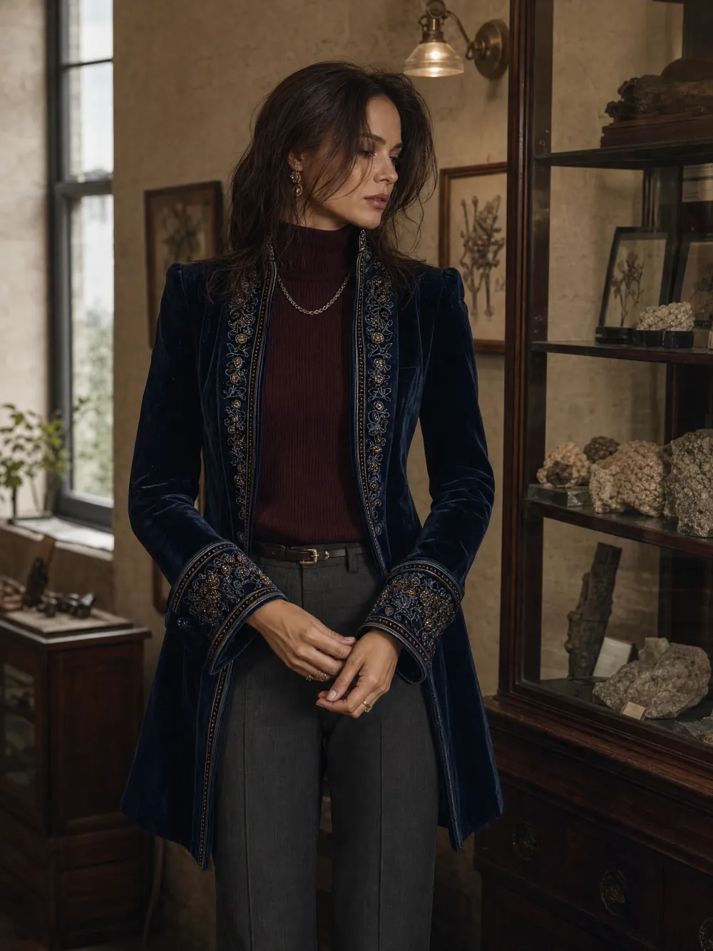 Vintage Navy Polyester Velvet Embroidered Long Jacket