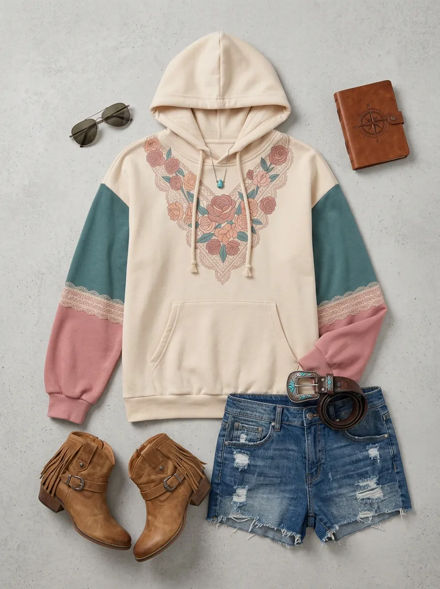 Women's Western Style Rose Lace Printed Hoodie