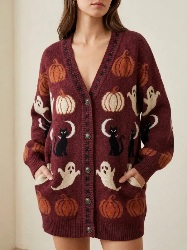 Women's Halloween Pumpkin Ghost Cat Pattern Knitted Cardigan