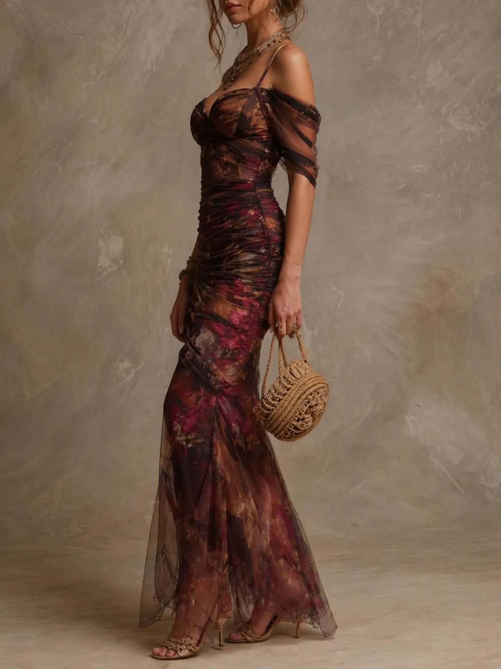 Vintage Floral Print Off-the-Shoulder Ruched Mesh Mermaid Maxi Dress