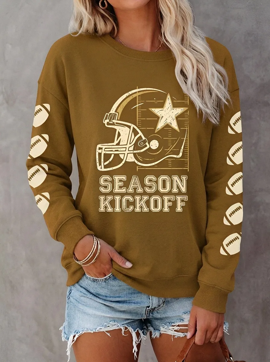Women's Football Season Kickoff Helmet Star Printed Sweatshirt