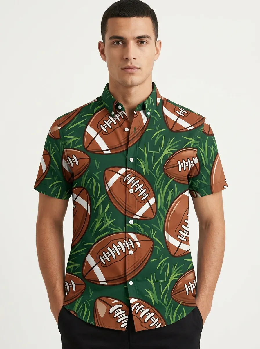 Men's American Football Fan Grass Field Printed Button-Down Shirt