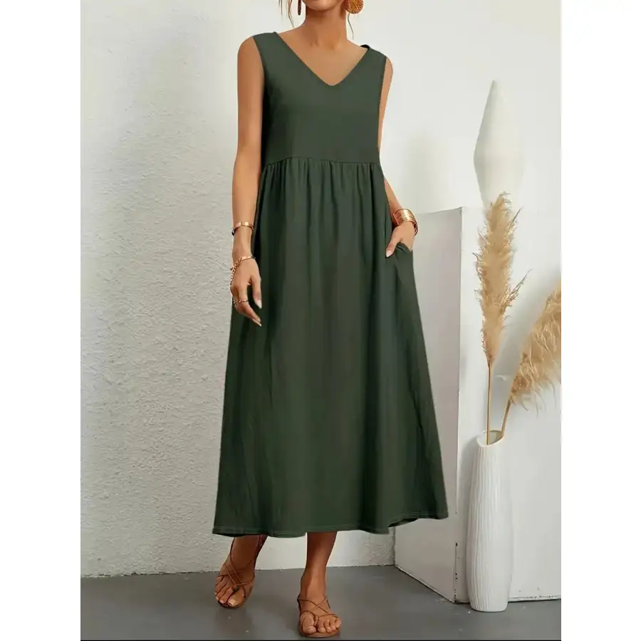 Full Size Pocketed V-Neck Sleeveless Midi Dress Plus Size