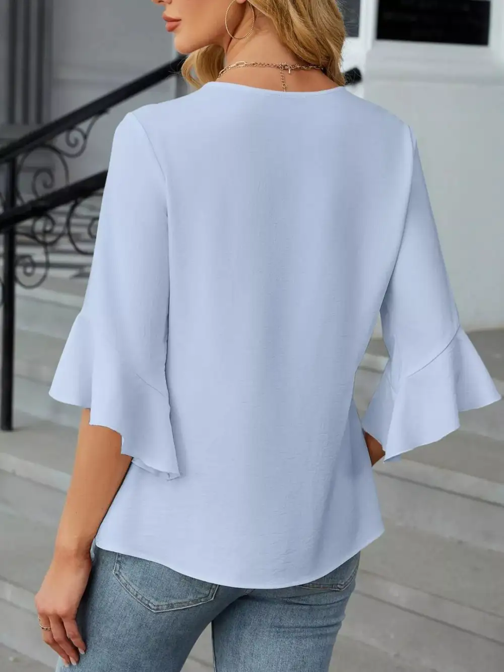 V Neck Ruffle Sleeve Blouse