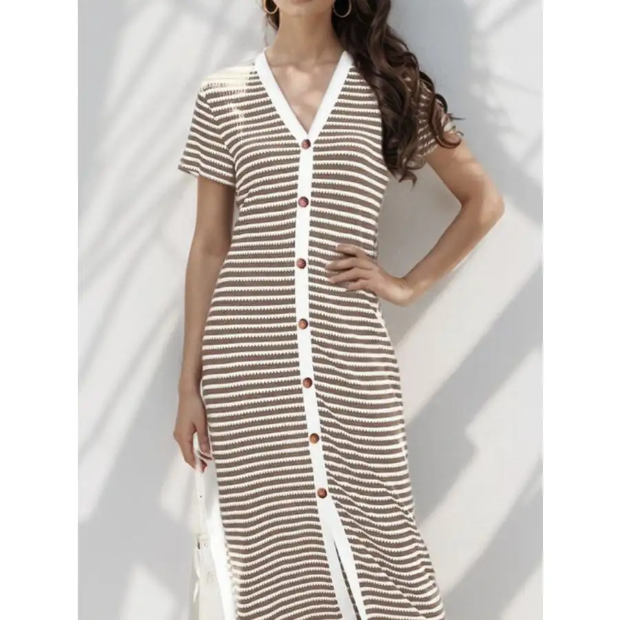 Contrast V-Neck Short Sleeve Midi Dress