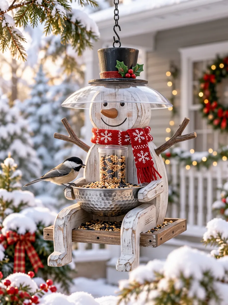 Snowman Wooden Snowman Christmas Bird Feeder