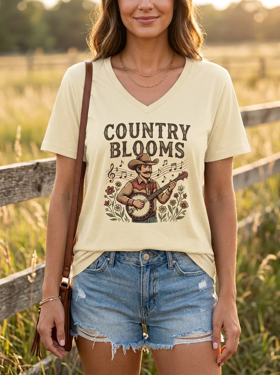 Banjo Floral Country Music Graphic T-Shirt