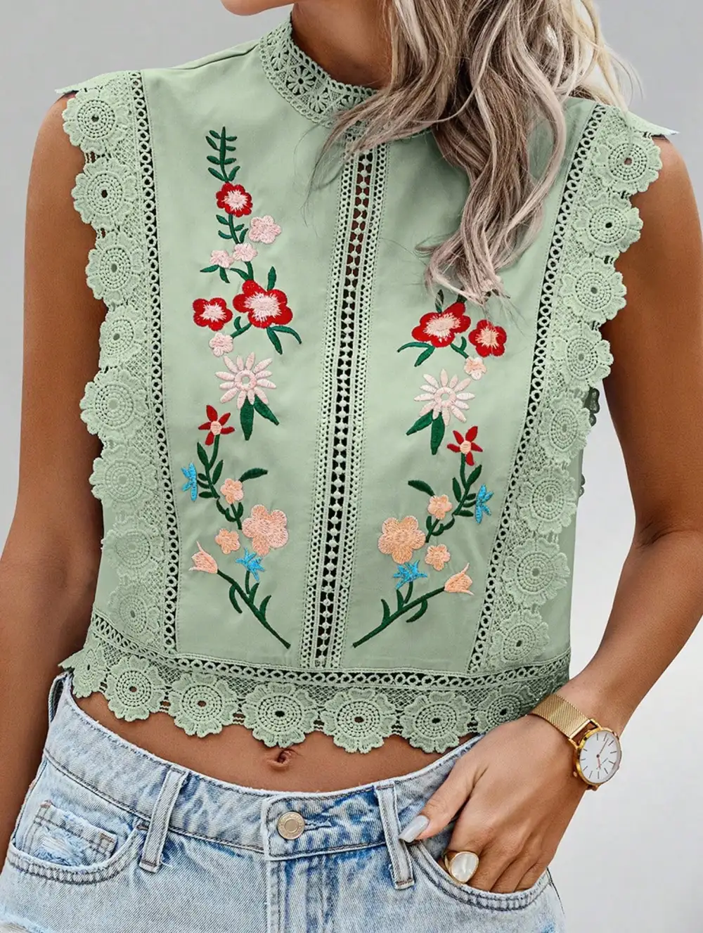 Lace Embroidered Sleeveless Blouse