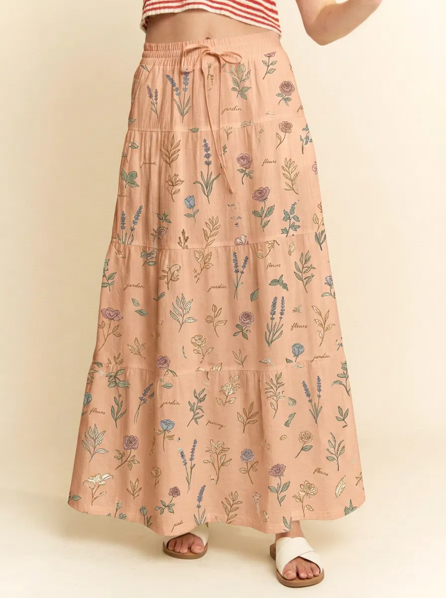 Women's Botanical Garden Floral Printed Tiered Maxi Skirt