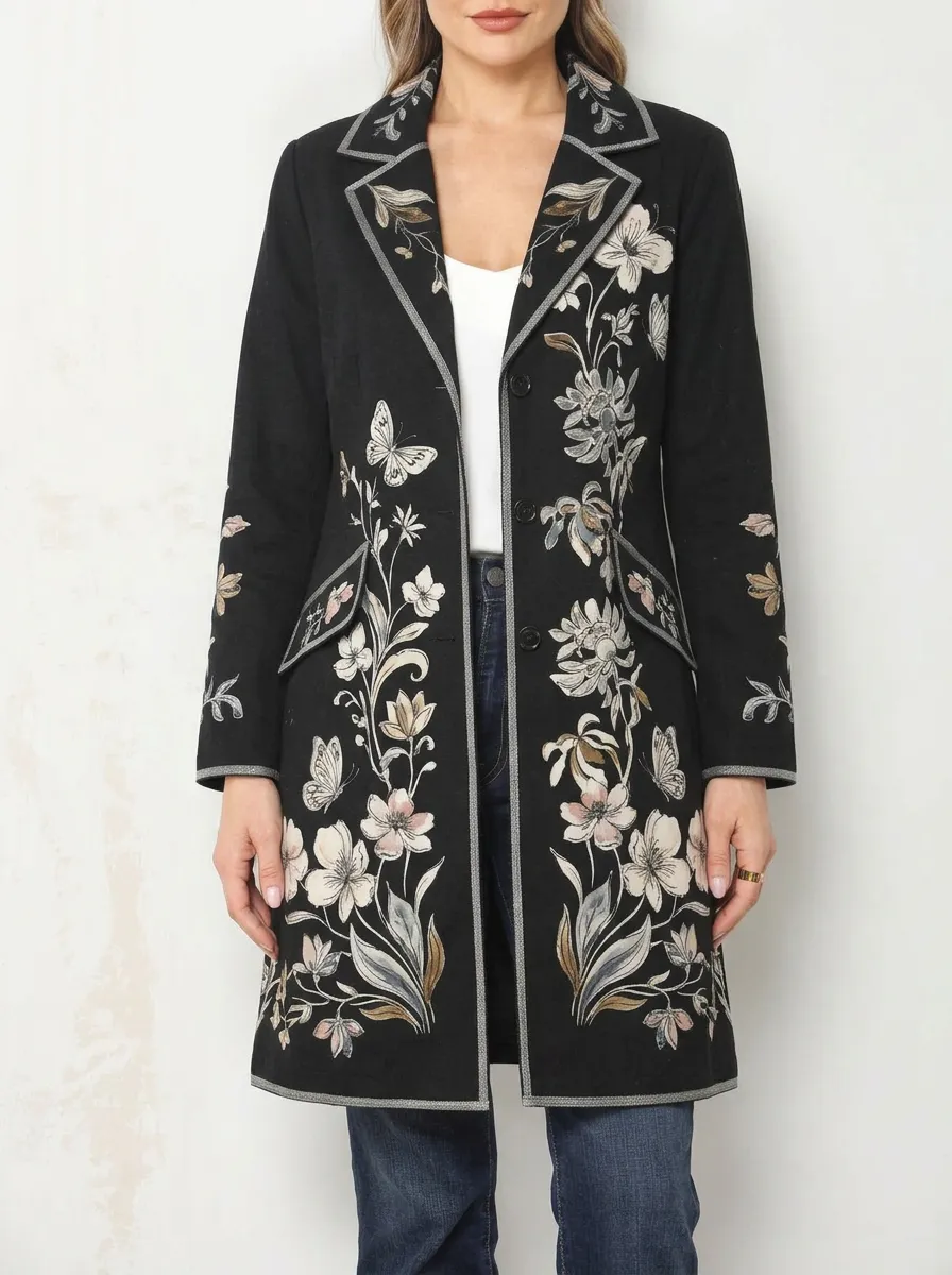 Women's Floral Butterfly Botanical Embroidered Printed Coat