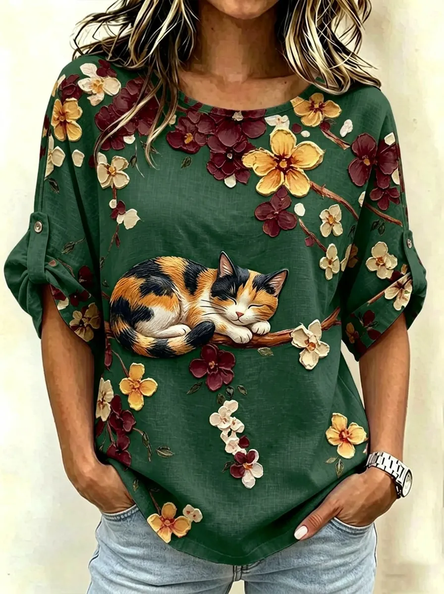 Women's Cat Lover Calico Cat Floral Branch Printed Cotton Linen Top