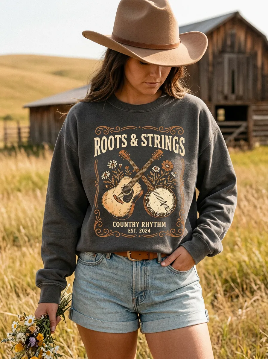 Rustic Guitar Banjo Women's Country Music Crew Neck Sweatshirt