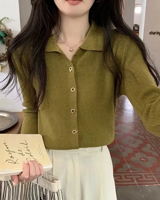 Polyester-Blend Button-Front Polo-Collar Relaxed-Fit Cardigan