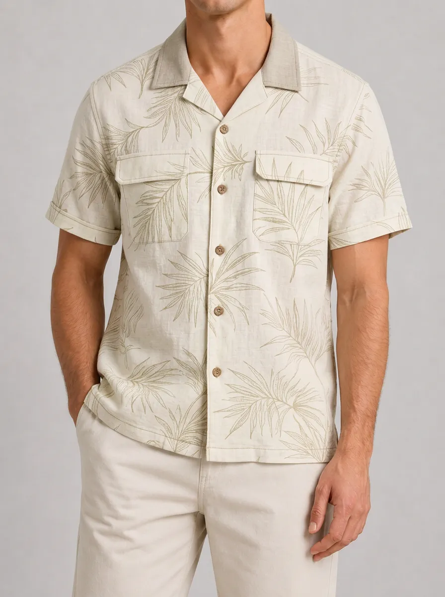 Men's Palm Print Camp Collar Short Sleeve Shirt Featuring Button-Front