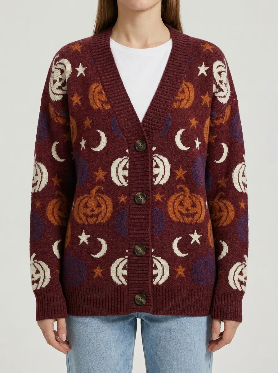 Women's Halloween Pumpkin Moon Star Patterned Knitted Cardigan