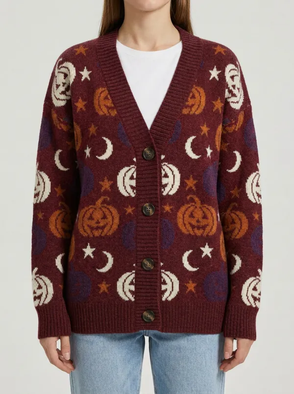 Women's Halloween Pumpkin Moon Star Patterned Knitted Cardigan