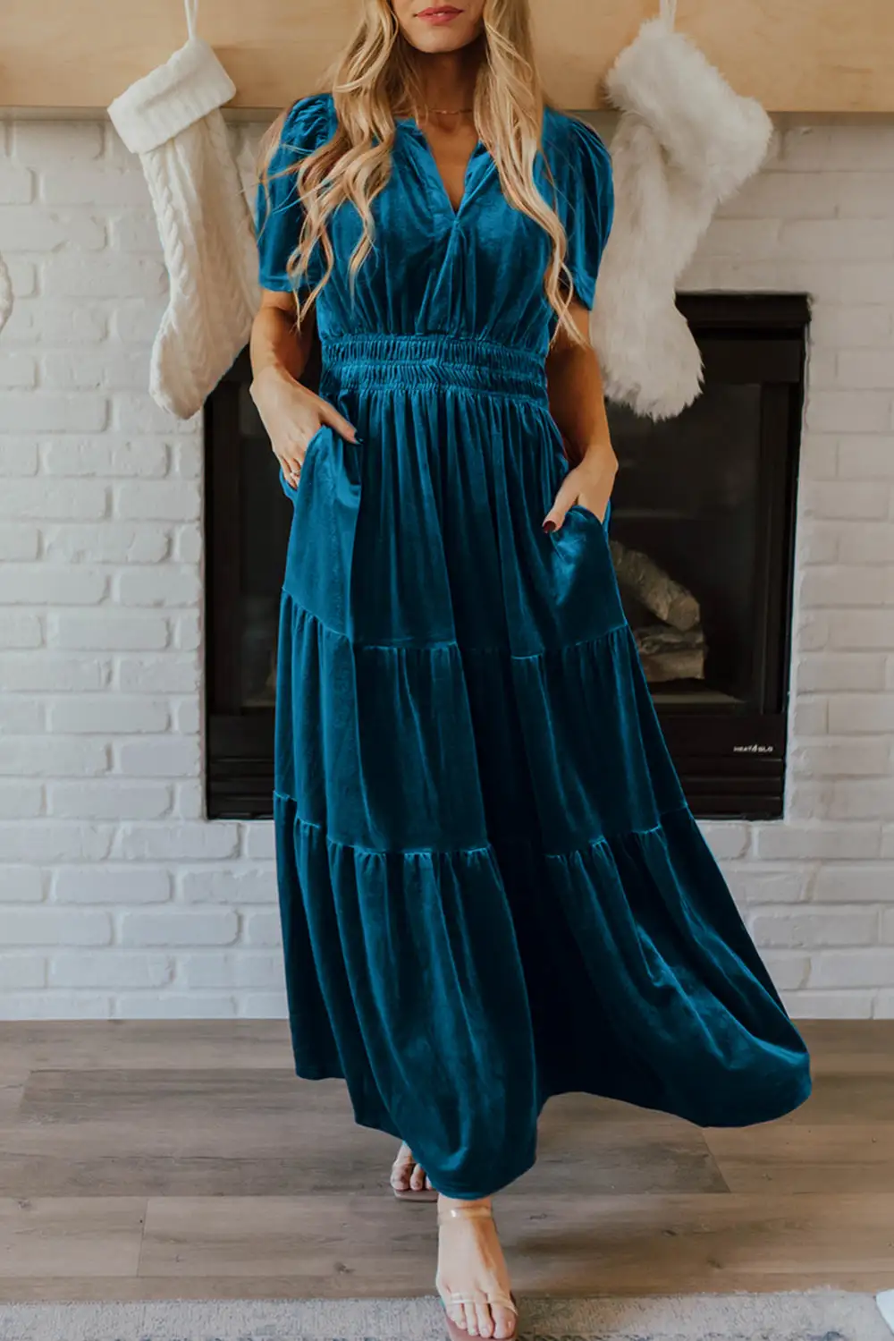 Prussian Velvet Short Sleeve Shirred Waist Tiered Maxi Dress