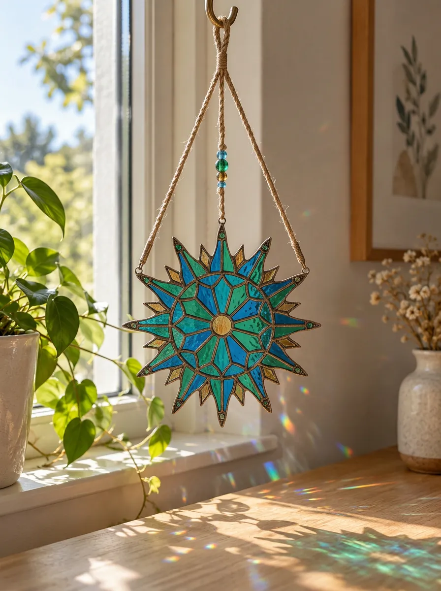 Boho Sun Blue Stained Glass Suncatcher Hanging Ornament
