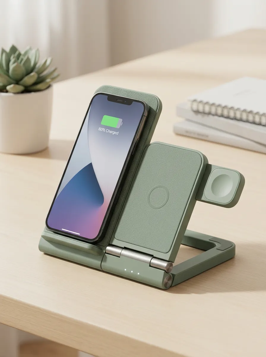 Unisex Tech Enthusiast Sage Green Foldable 3-in-1 Wireless Charger