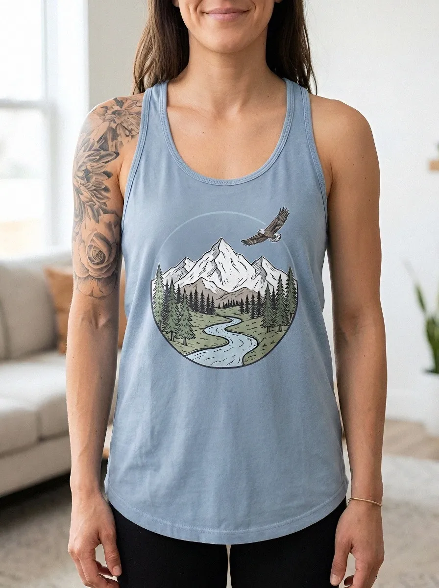 Women's Nature Lover Mountain Eagle River Printed Tank Top