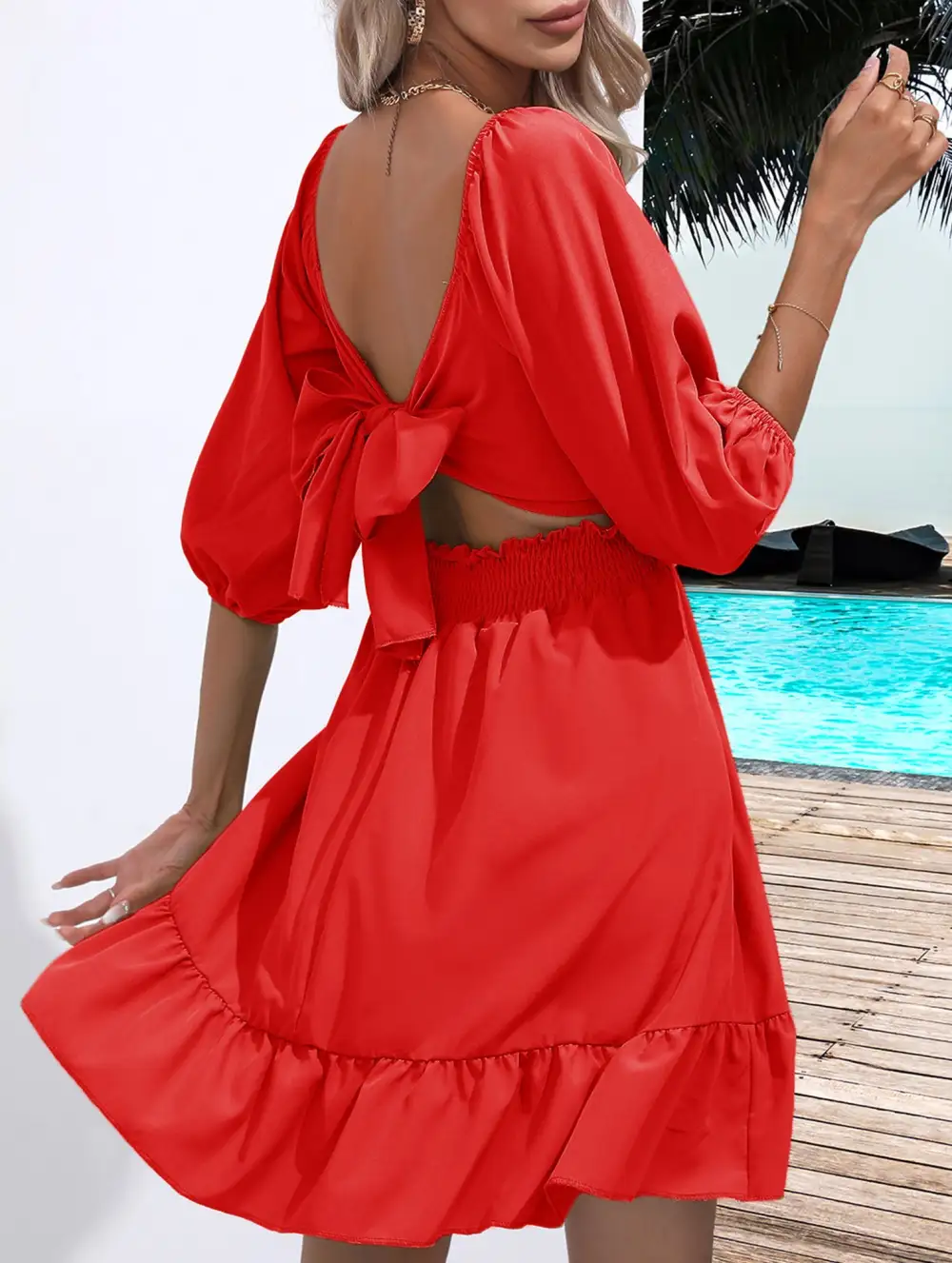 Square Neckline Ruffled Tie Up Mini Dress