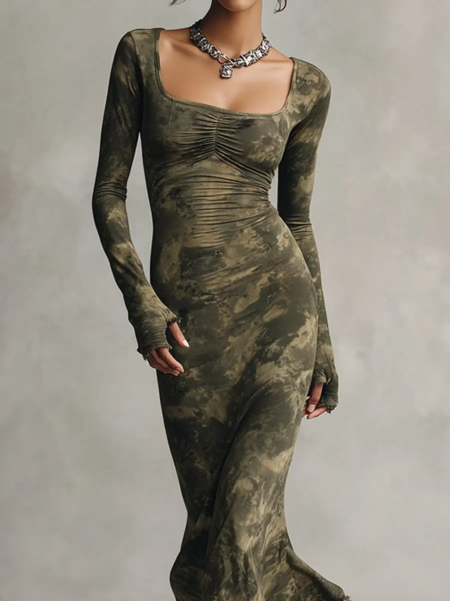 Olive Tie-Dye Ruched Square Neck Fringe Hem Midi Dress