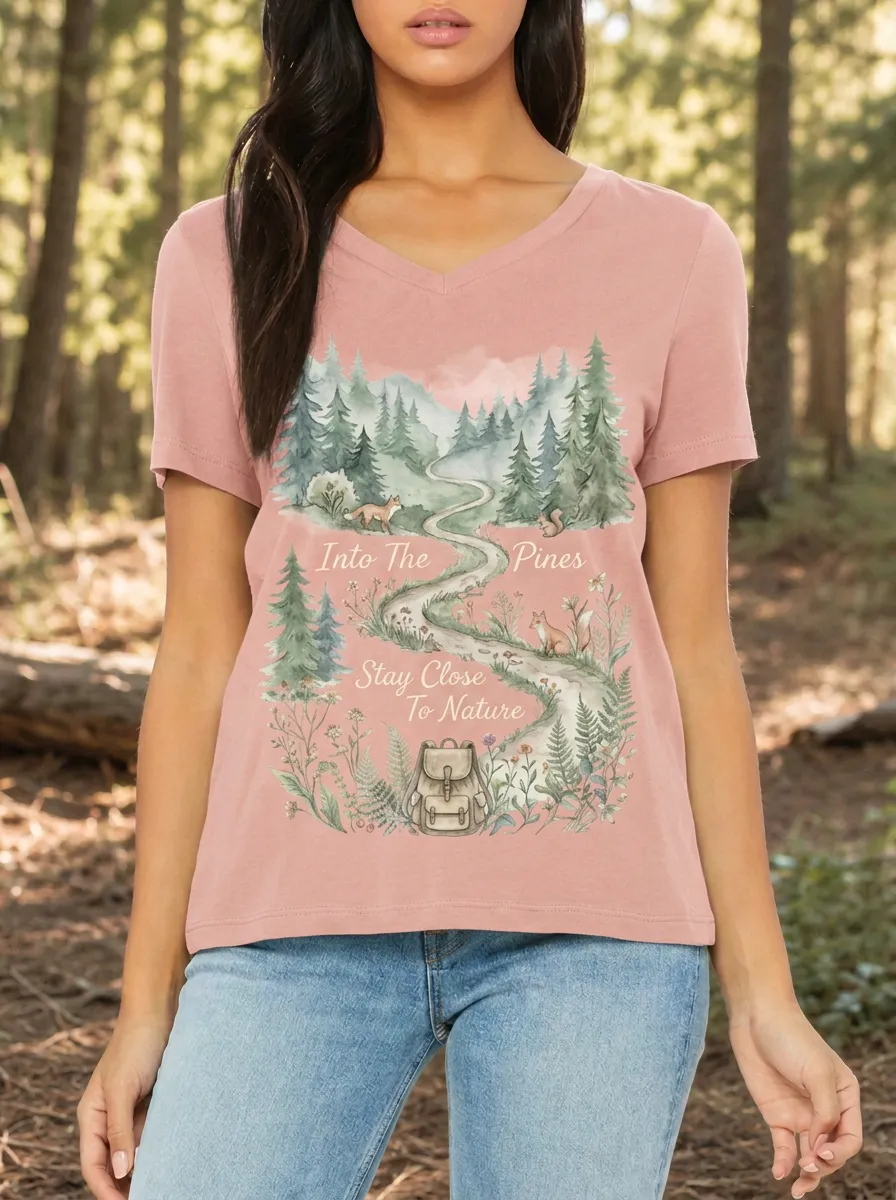 Women's Nature Lover Forest Path Fox Backpack Printed V-Neck T-Shirt
