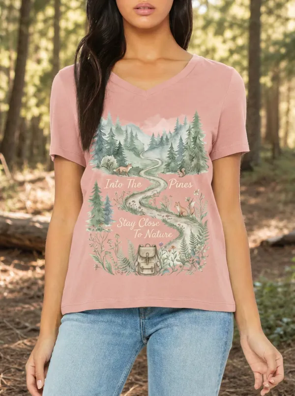 Women's Nature Lover Forest Path Fox Backpack Printed V-Neck T-Shirt