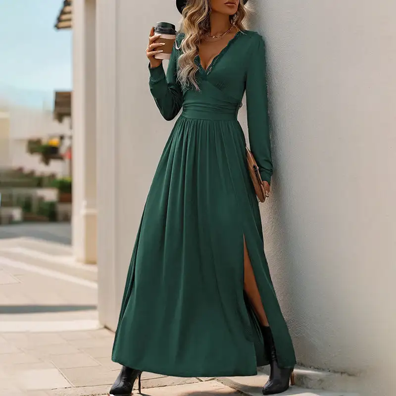 Women's V-Neck Long-Sleeve Slit Bridal Maxi Dress