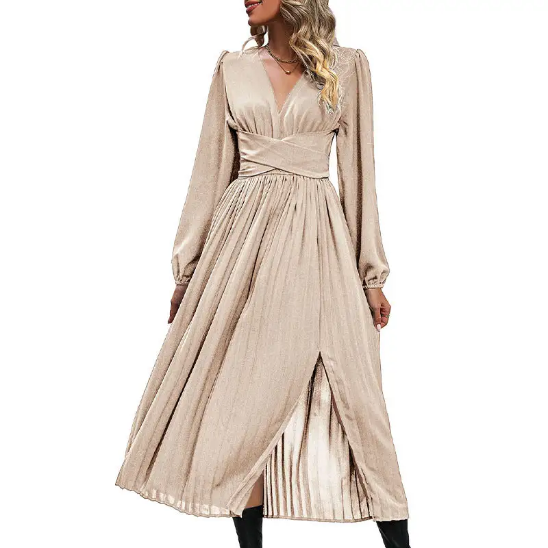 Women's V-Neck Long-Sleeve Lace Asymmetric Maxi Dress
