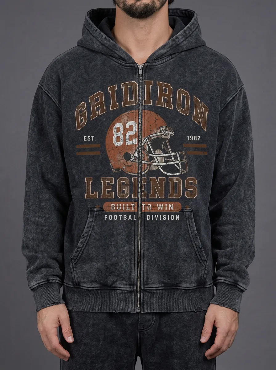 Men's Acid Wash Graphic Zip-Up Hoodie with Long Sleeves