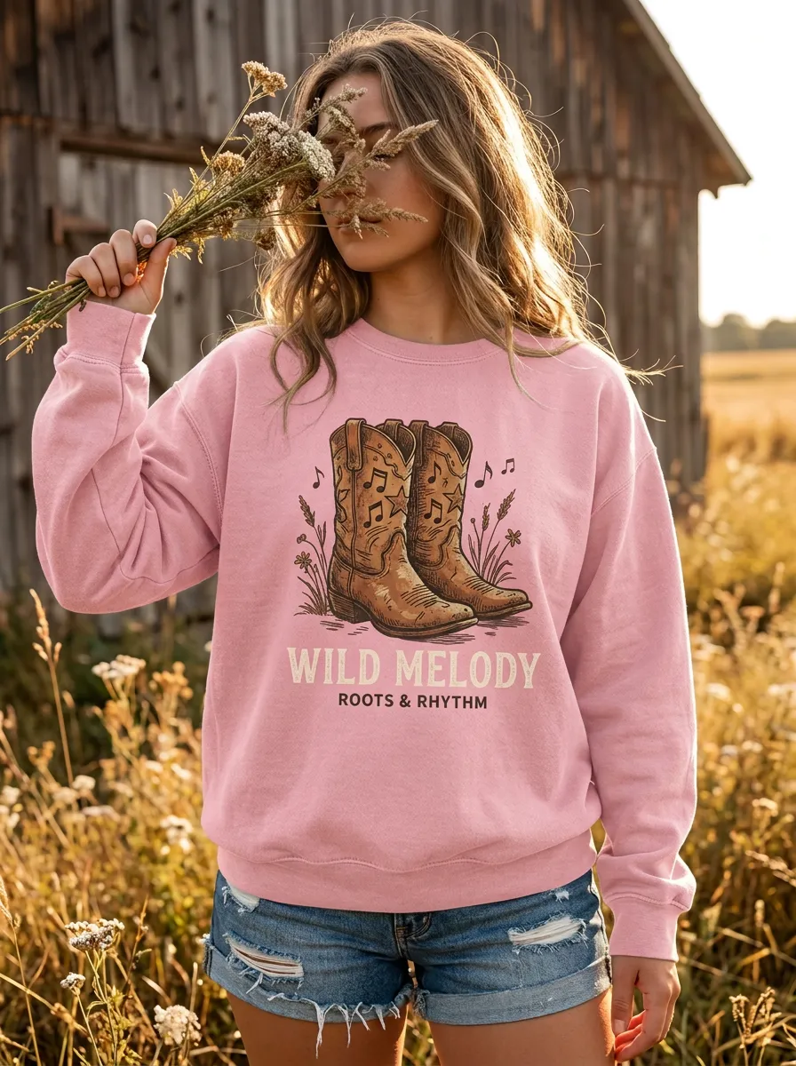 Western Music Cowboy Boots Wild Melody Artwork Crewneck Sweatshirt
