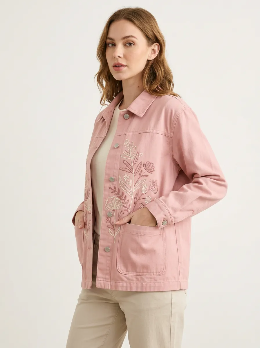 Women's Floral Botanical Pink Embroidered Denim Jacket