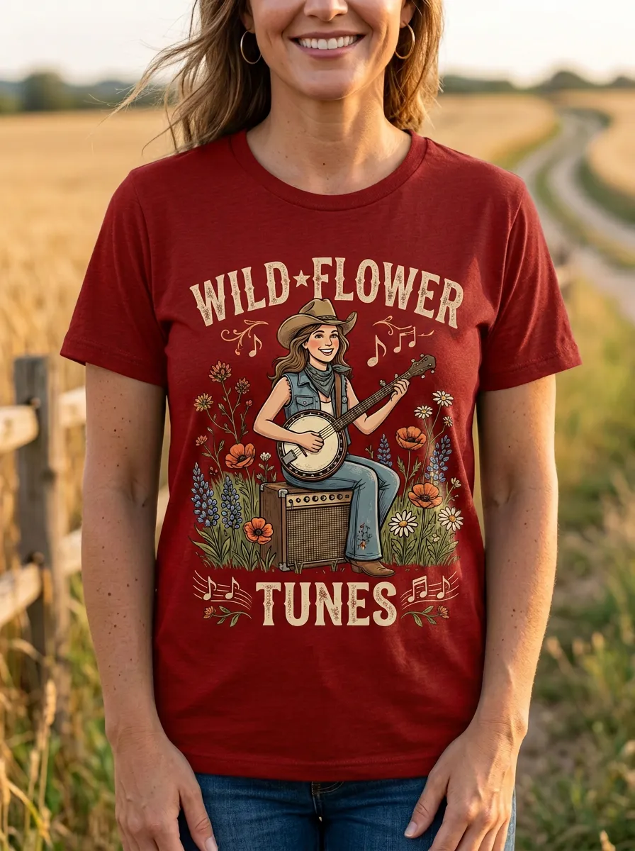 Rustic Banjo Wildflower Country Music Crewneck T-Shirt