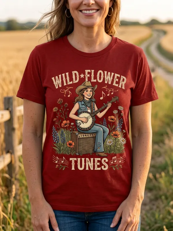 Rustic Banjo Wildflower Country Music Crewneck T-Shirt
